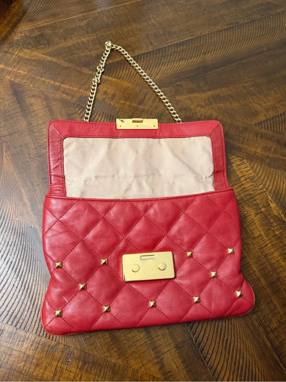 Michael Kors Red Quilted Stud Chain Shoulder Bag with Gold Hardware